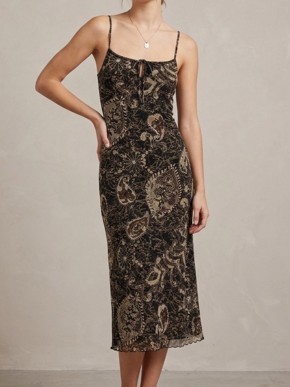 Vintage Mexx Black and Gold Paisley Slip Midi Fitted Dress Size Medium